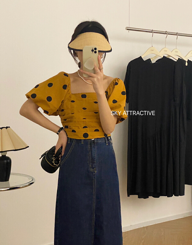 [sky] Fashion Square Neck bubble sleeve Polka Dot Shirt 19316\hbx