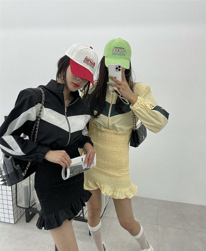 Original price 108.99! [June 6th] fashion stand collar zipper design contrast color mosaic short skirt dress 2397\wpl
