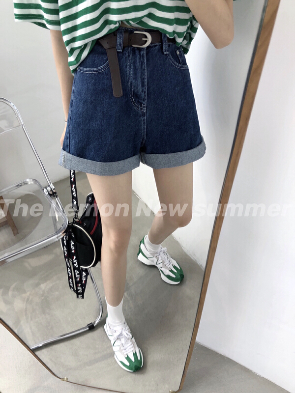[lemon green tea] Korean leisure basic versatile skinny denim shorts (with belt) ys-757