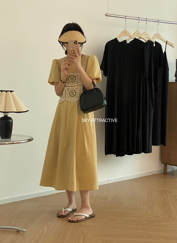 [sky] bubble sleeve hollow out dress + Crochet design vest set 19318\hbx