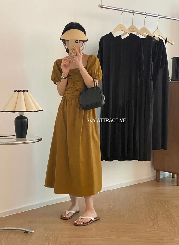 [sky] square neck wrinkled lady dress 19303\hbx