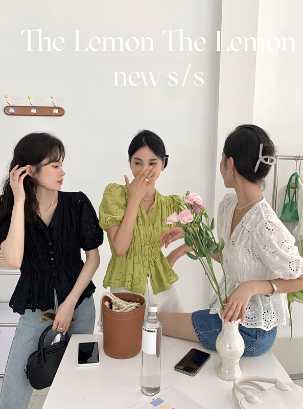 [lemon green tea] thin hollow out embroidered waist shirt 2232