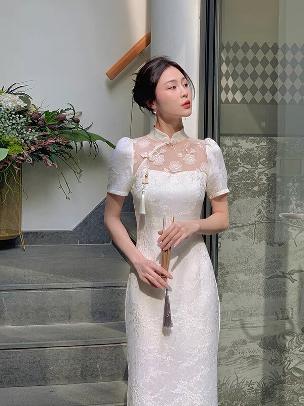 [w design] National Style Lace stitched cheongsam dress 39091\wpl