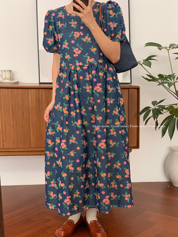 [from Anna] contrast printed bubble sleeve denim dress ttt2116\lsw
