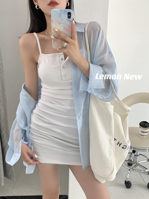 [lemon green tea] slim fit suspender pleated Hip Wrap Dress (with bra) 2267