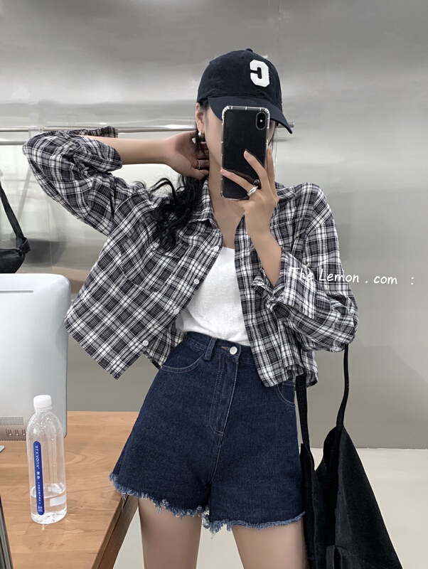 [lemon green tea] chic sunscreen Plaid versatile shirt 2282
