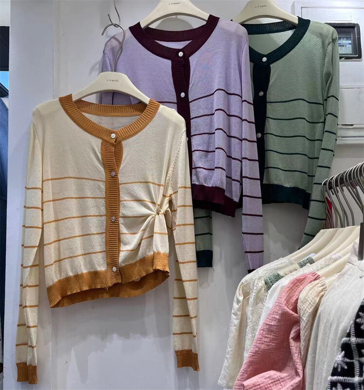 [Alibaba] crew neck stripe contrast color breasted knit cardigan a60016-1\hjy