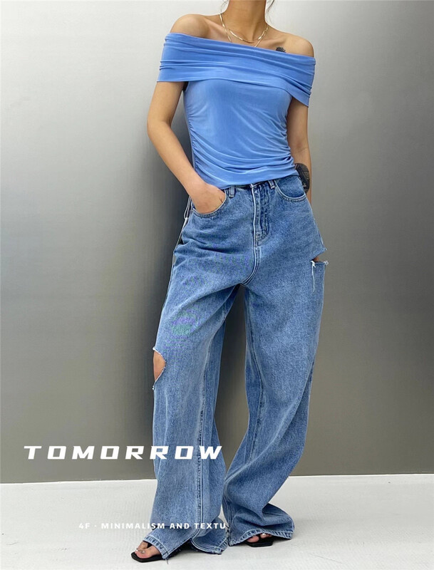 [tomorrow] solid color off shoulder versatile shirt 8019t\ozq