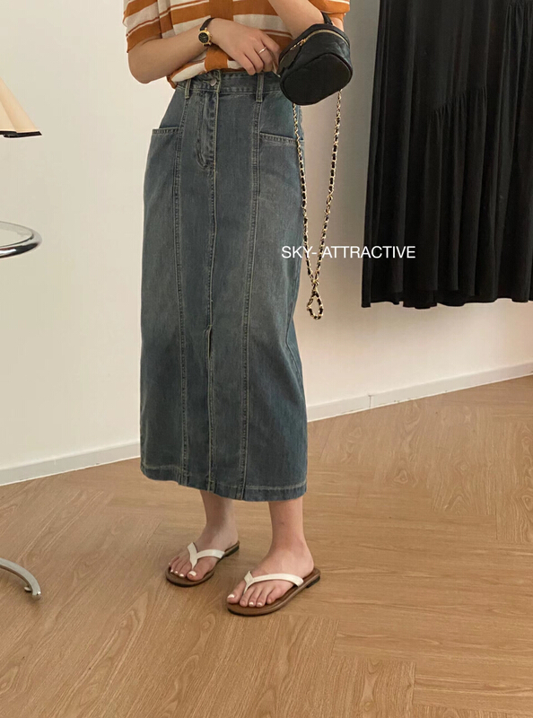 [sky] retro front split skinny denim skirt 2871\hbx