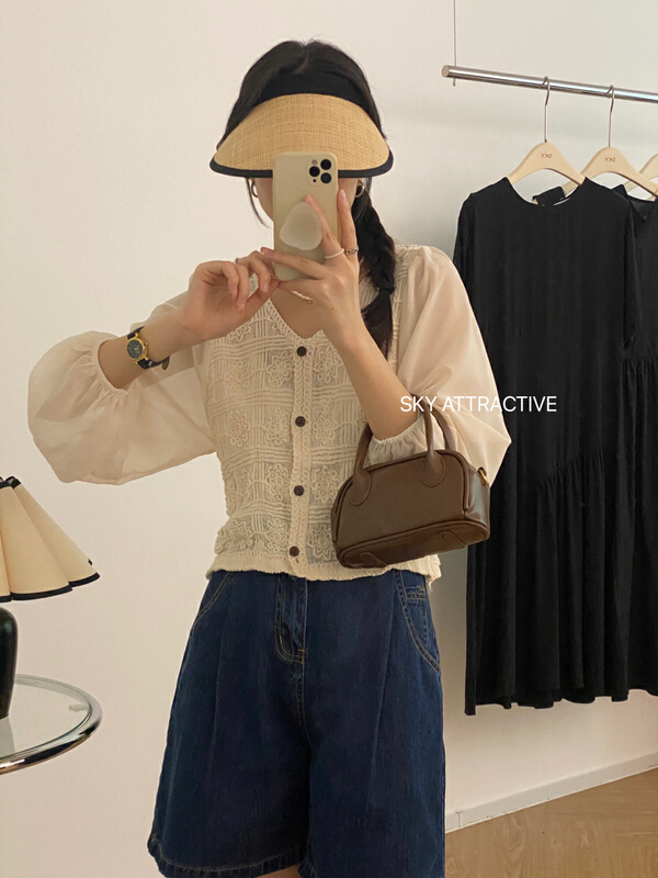 [sky] Korean Crochet stitched bubble sleeve sunscreen shirt s162\hbx