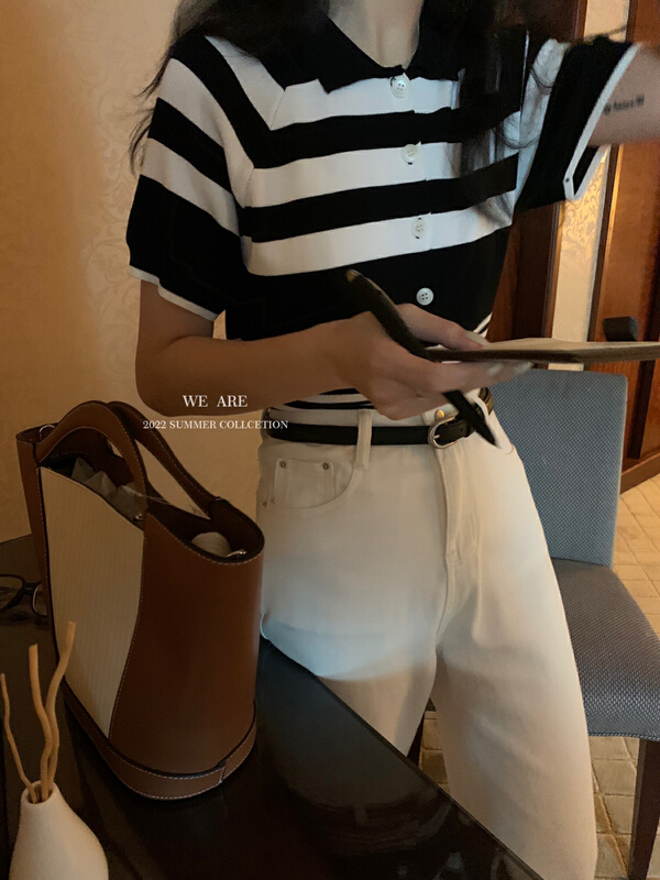 [we are] Vintage single breasted stripe short sleeve T-shirt 30088\zjy