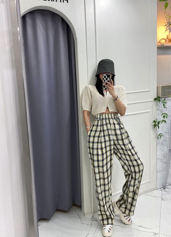 [June 6th] simple high waist loose wide leg Plaid casual pants ys1-2399\wpl
