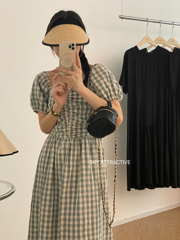 [sky] French square neck pleated Plaid Dress 19327\hbx