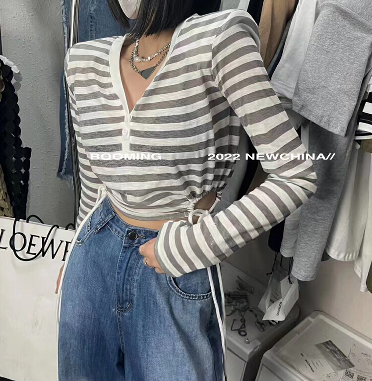 [looming] thin sunscreen shoulder pad stripe long sleeve T-shirt 2464\zxl