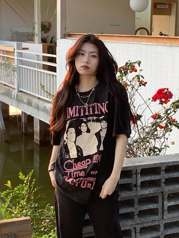 [lab eeda] Unisex retro worn loose print short sleeve T-shirt 3174\ozq