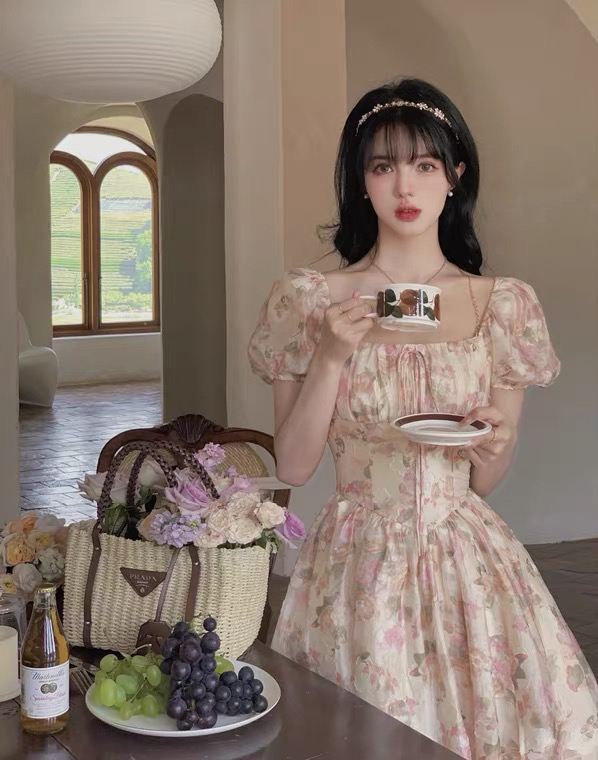 [w design] Fashion Square Neck French sweet dress 41501\wpl