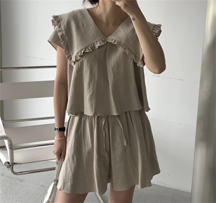 [June 6th] baby collar wood ear shirt + casual Shorts Set 2518\wpl