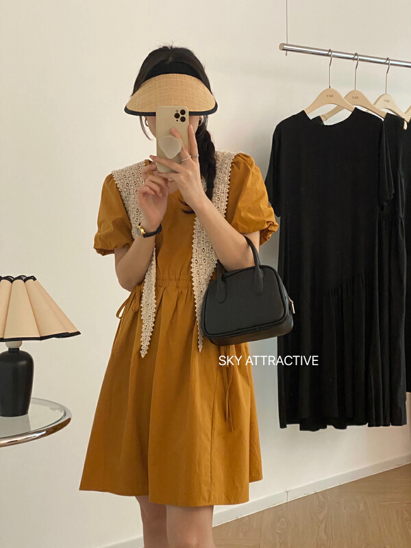 [sky] fresh solid color V-neck bubble sleeve dress (with cape) 19329-1\hbx
