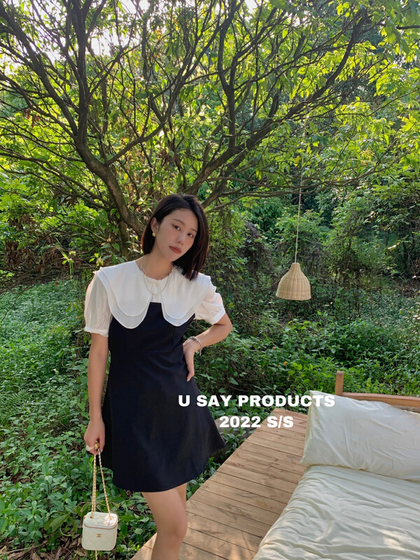 [u say] Western French temperament fake two piece bubble sleeve splicing baby collar dress 66168\jhy