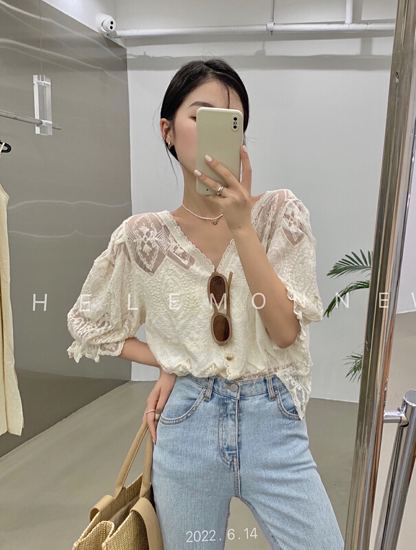 [lemon green tea] French V-neck jacquard shirt 2283
