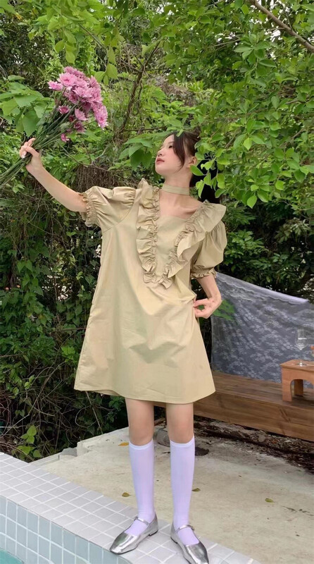 [Alibaba] elegant Ruffle square neck dress (with belt) 80075\lsw