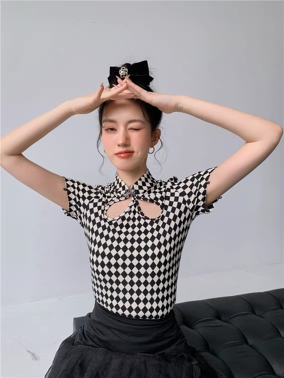 Original price 43.99! [keep] Chinese checkered hollow out shirt ys1-7796\wtt