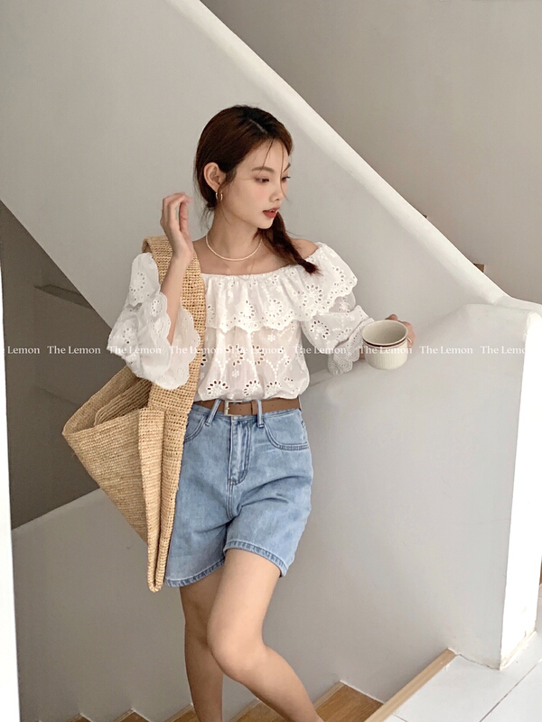 [lemon green tea] hook flower hollow out one shoulder shirt 2233