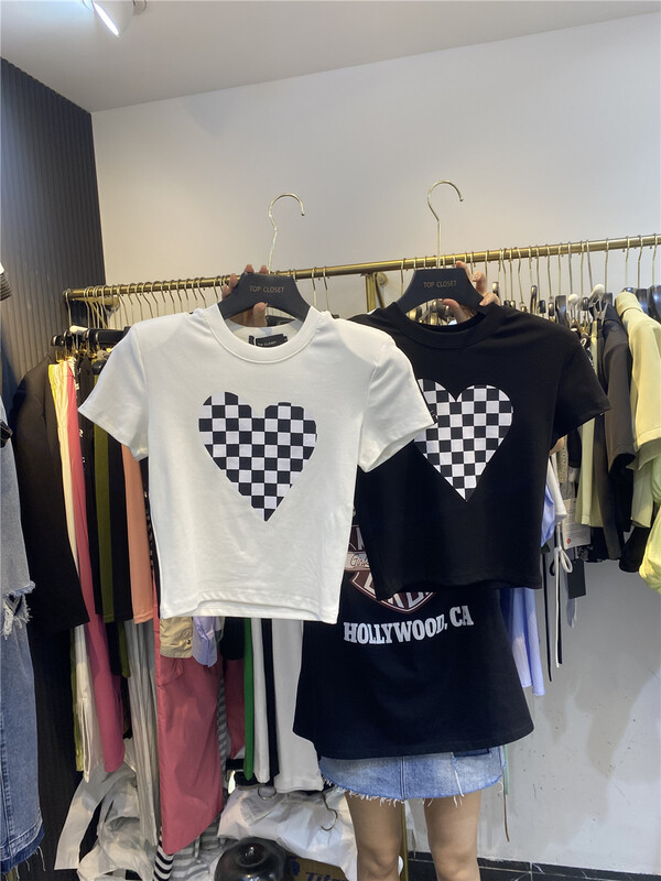 [top close] chessboard printed short sleeve T-shirt 3952\ozq