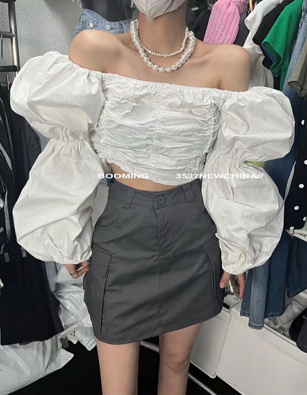 [looming] off shoulder bubble sleeve shirt 2495\zxl