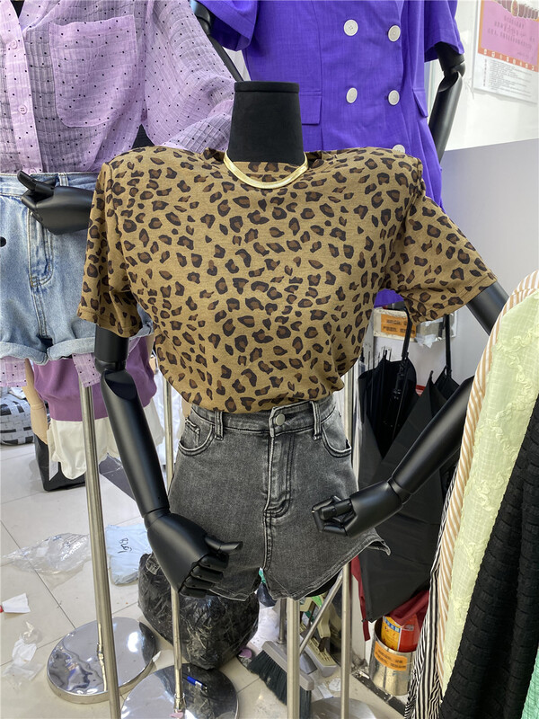 [open] leopard print round neck Pullover short sleeve T-shirt 3889\ozq