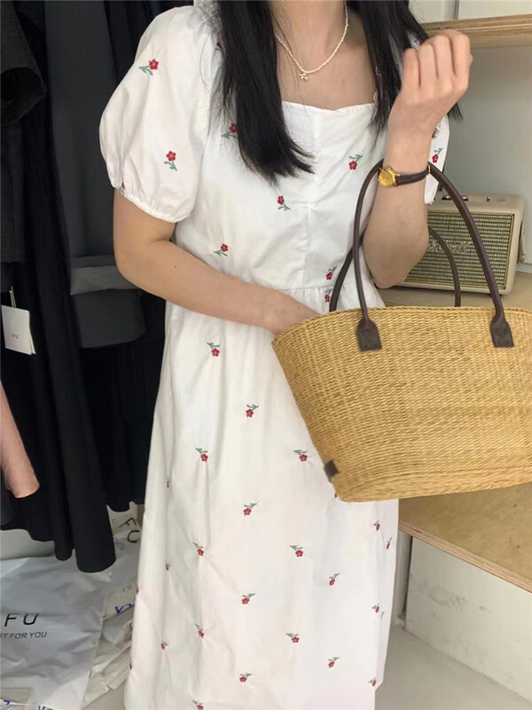 [sugar offices] floral embroidery Square Neck bubble sleeve dress 1225\hbx