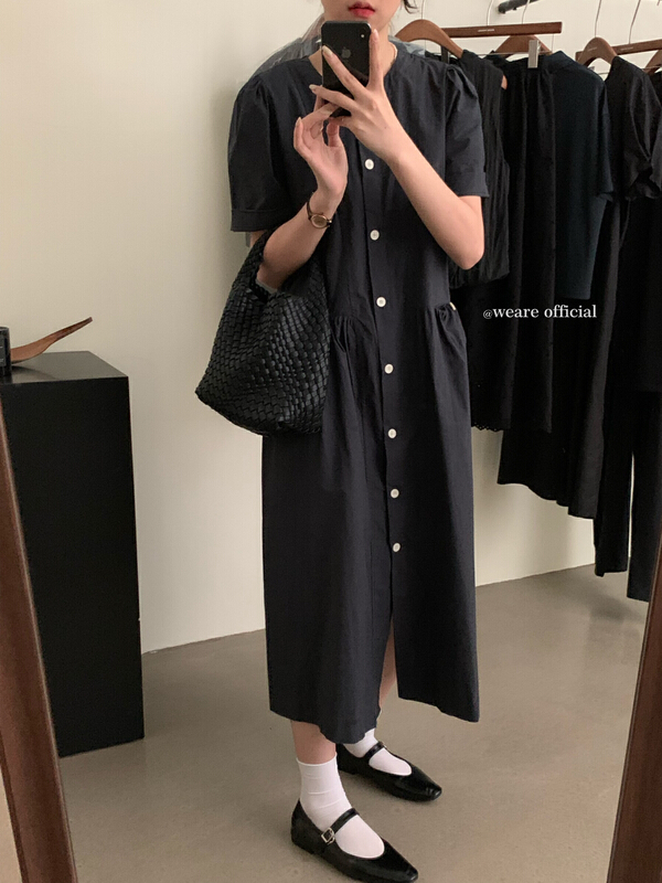 [we are] solid color single breasted medium length dress 20163\zjy
