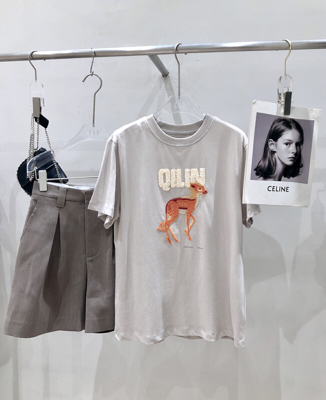 [sun] round neck loose Sequin small design Short Sleeve T-shirt 05038\hyy