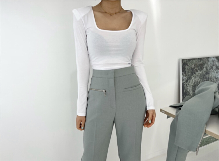 [June 6th] square neck simple solid shoulder pad long sleeve T-shirt 611\wpl