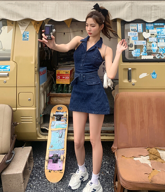 [lab eeda] hot girl waist closed sleeveless denim dress (with waist rope) 3193\ozq
