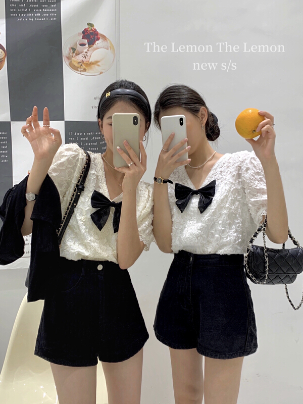 [lemon green tea] sweet lace bow hook flower shirt ys1-2229