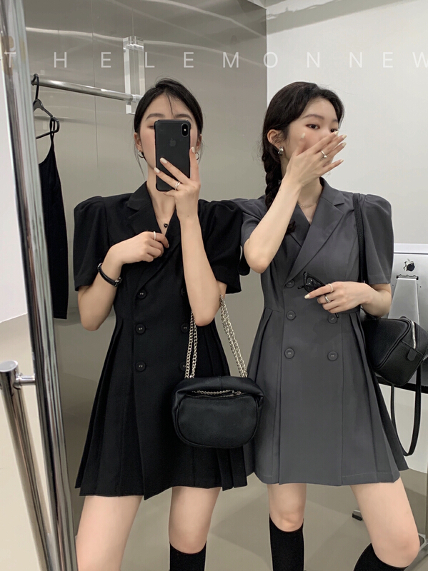 [lemon green tea] Korean version waist closing double breasted suit dress 2286