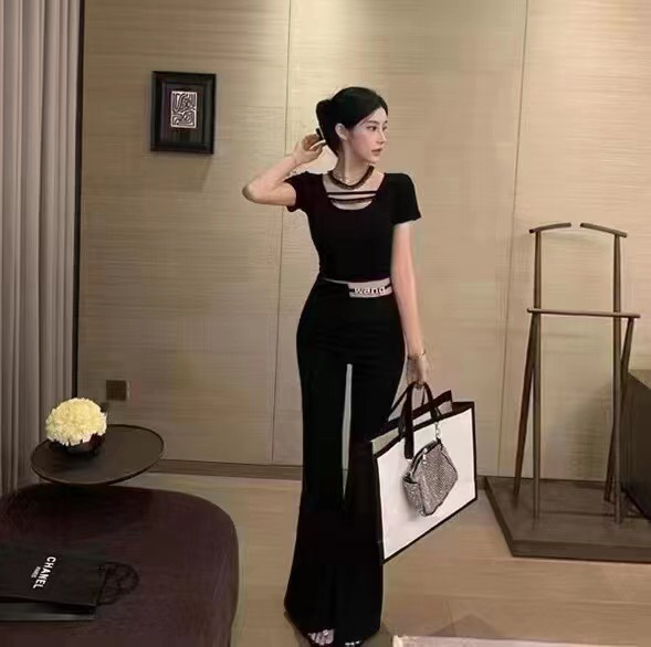 [ff.studio] sexy Spice Girl hollow out cross strap micro horn temperament split casual pants (with waist rope) 8775\ozq