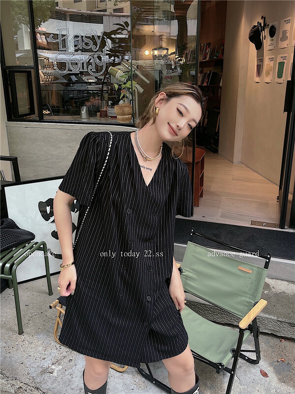 [open] V-neck STRIPE Double Breasted dress 3895\ozq
