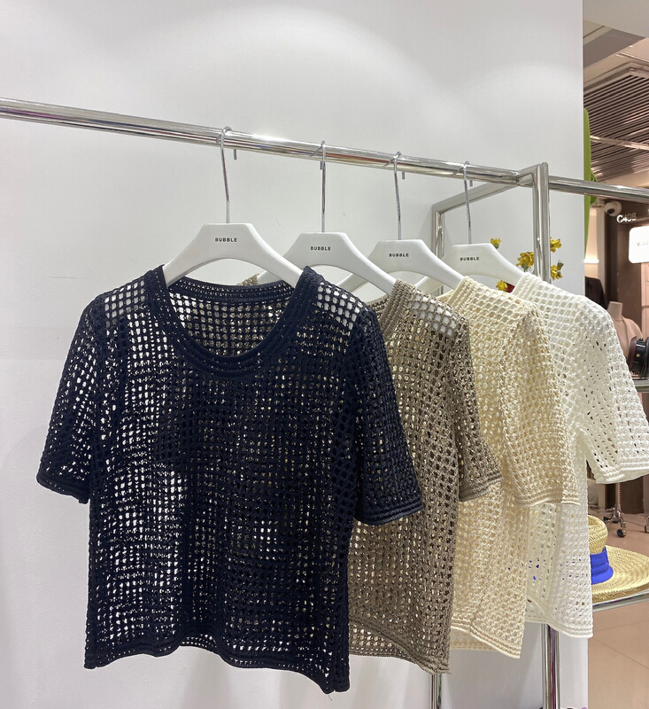 [bubble] hollow out round neck simple short sleeve T-shirt 22s027\ozq