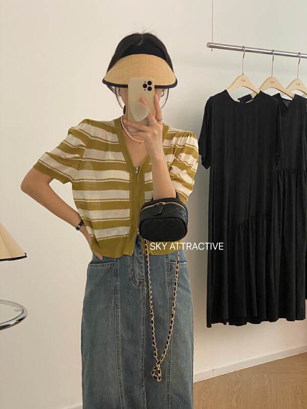 [sky] Double Zip contrast striped knit cardigan 3666\hbx