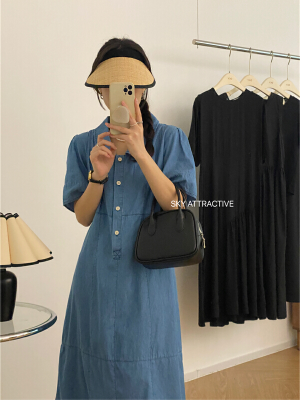 [sky] Lapel button denim dress 19323\hbx