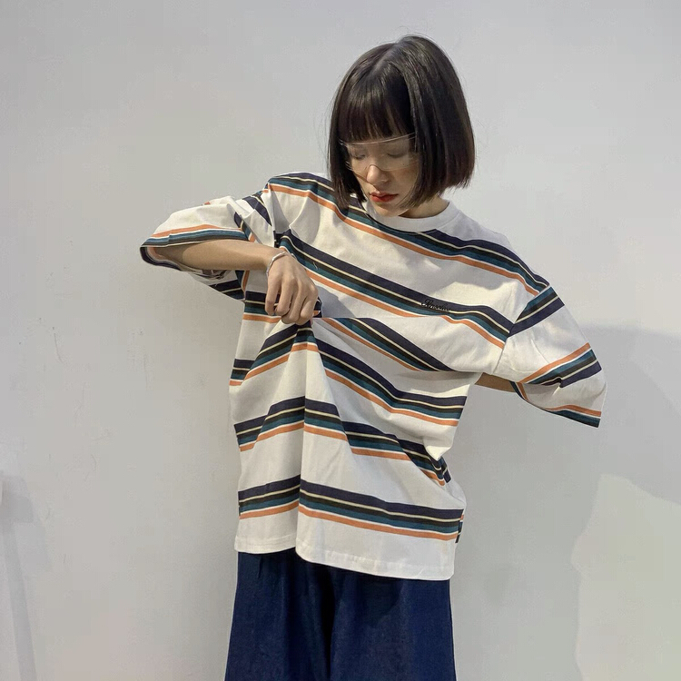 [lab eeda] Japanese retro stripe loose short sleeve T-shirt 3077\ozq
