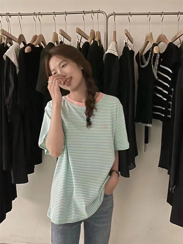 Original price 66.55! [Alibaba] stripe round neck color blocking short sleeve T-shirt a60006-3\lsw