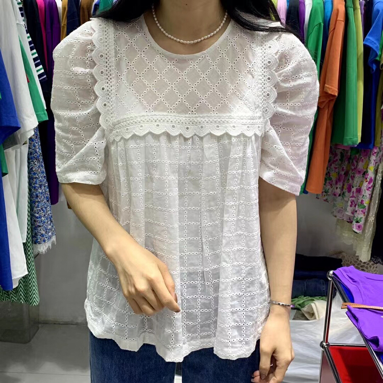 Original price: 95.88! In early summer! 【 bubble 】 heavy industry embroidery hollow out lace blouse 22x005\ozq
