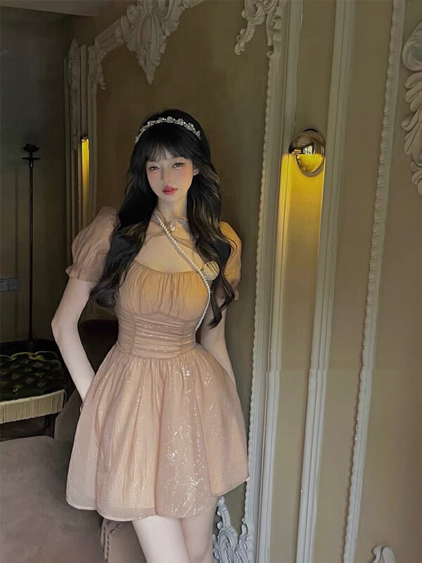 [w design] French crystal yarn retro slim short dress (with detachable flowers) 44401\wpl