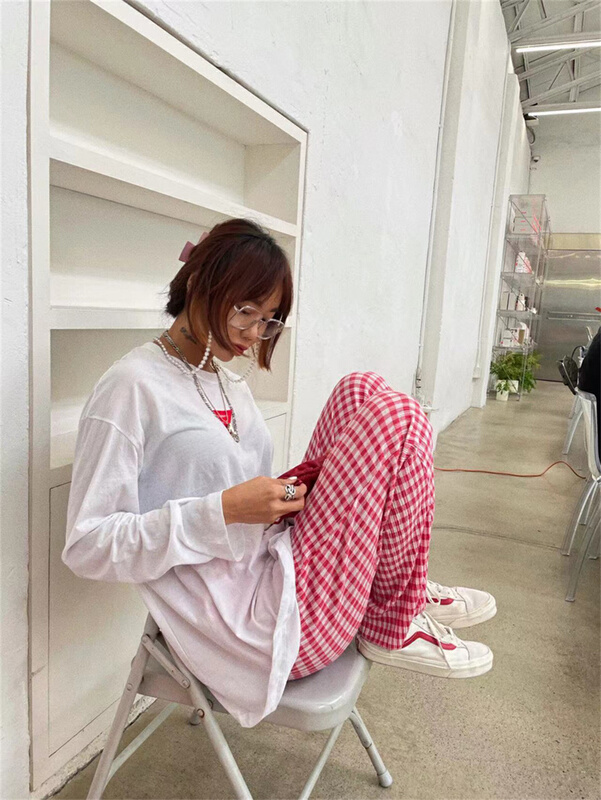 [June 6th] simple high waist Plaid loose floor casual pants ys1-2392\wpl