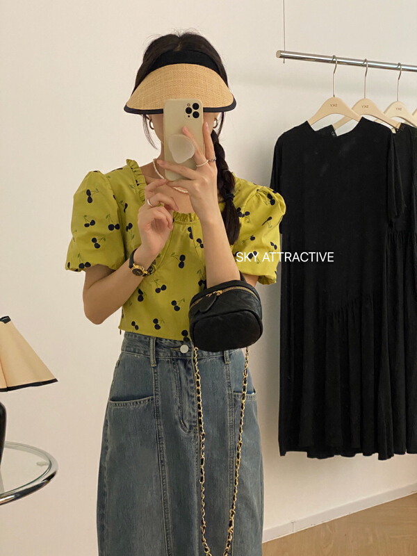 [sky] French bubble sleeve design cherry Print Shirt 9628c\hbx