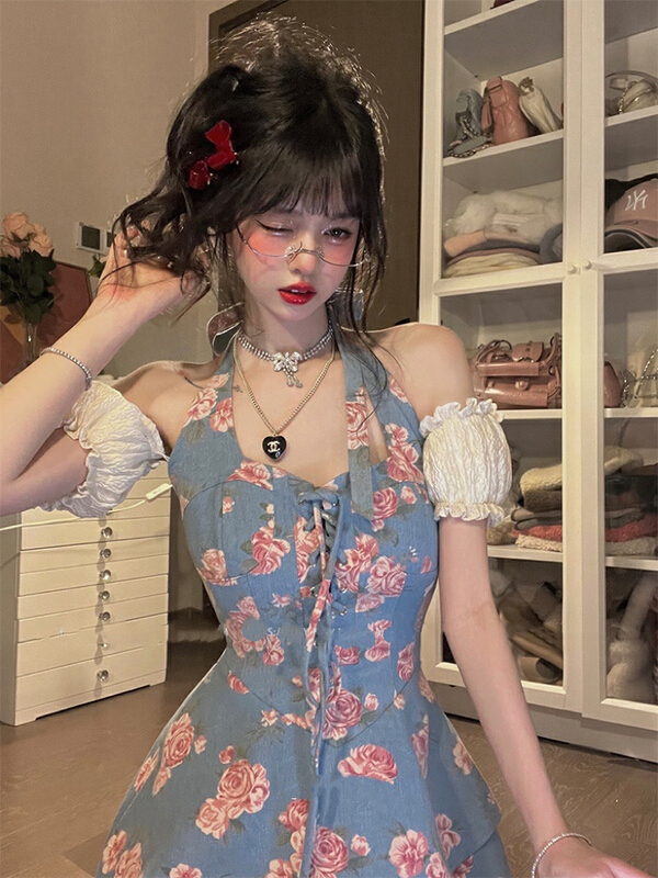 [w design] new spice girl sweet denim rose slim dress 43891\wpl