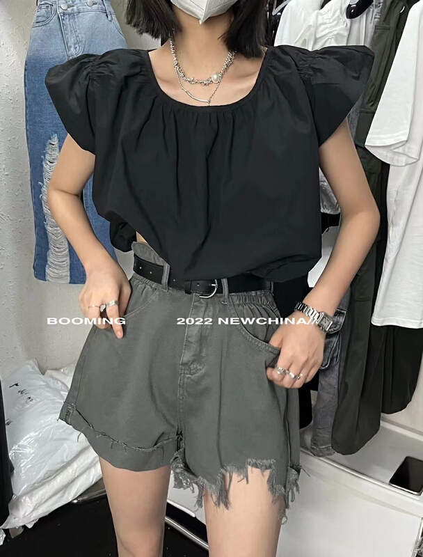 [looming] pleated small fly sleeve shirt 2516\zxl
